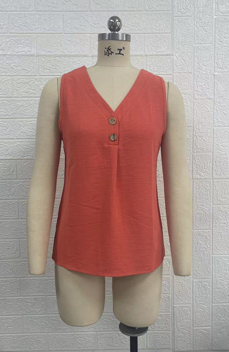 Women Clothing Summer Summer V neck Buttons Vest Top T shirt Loose Casual Shirt