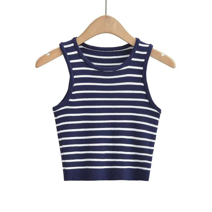 WomenClothing Navy Blue Striped Knitted Vest Top