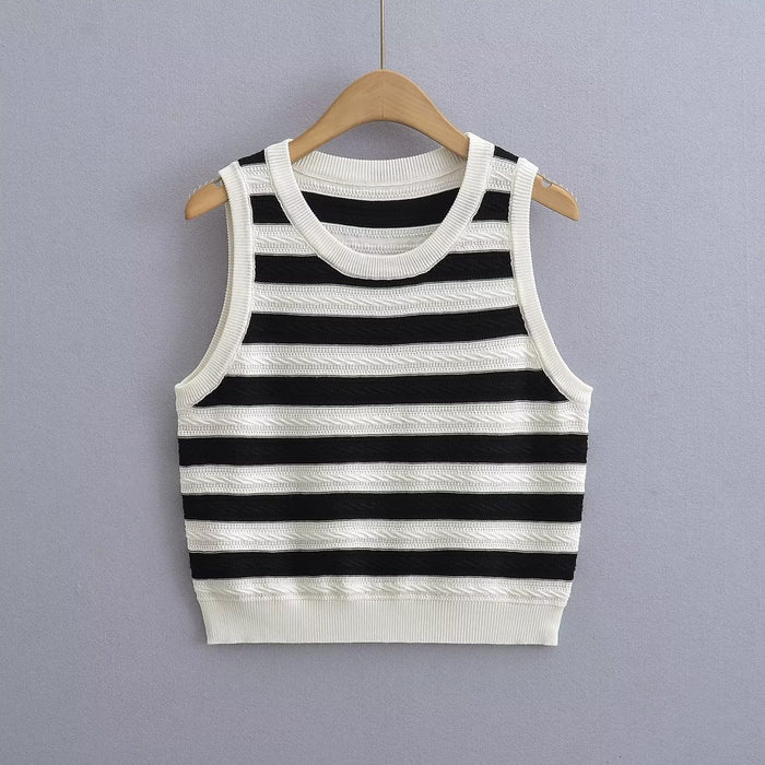 Summer Contrast Color Striped Jacquard Sleeveless Knitted Vest round Neck Short Knitted Vest