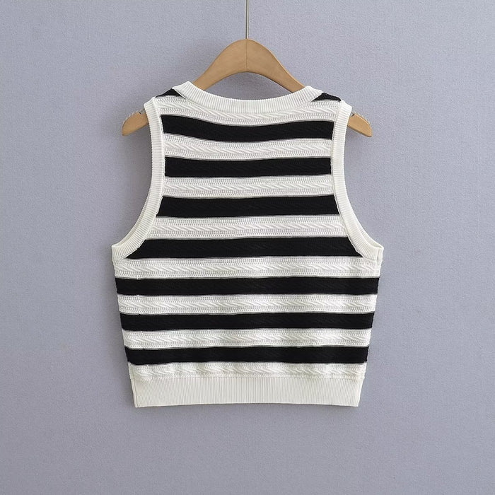 Summer Contrast Color Striped Jacquard Sleeveless Knitted Vest round Neck Short Knitted Vest