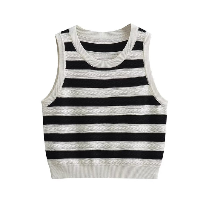 Summer Contrast Color Striped Jacquard Sleeveless Knitted Vest round Neck Short Knitted Vest