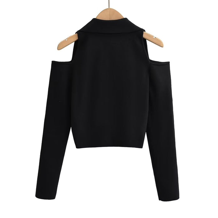 Fall Women Clothing Collared V neck off Shoulder Long Sleeve Single Breasted Skinny Knitted Top Women