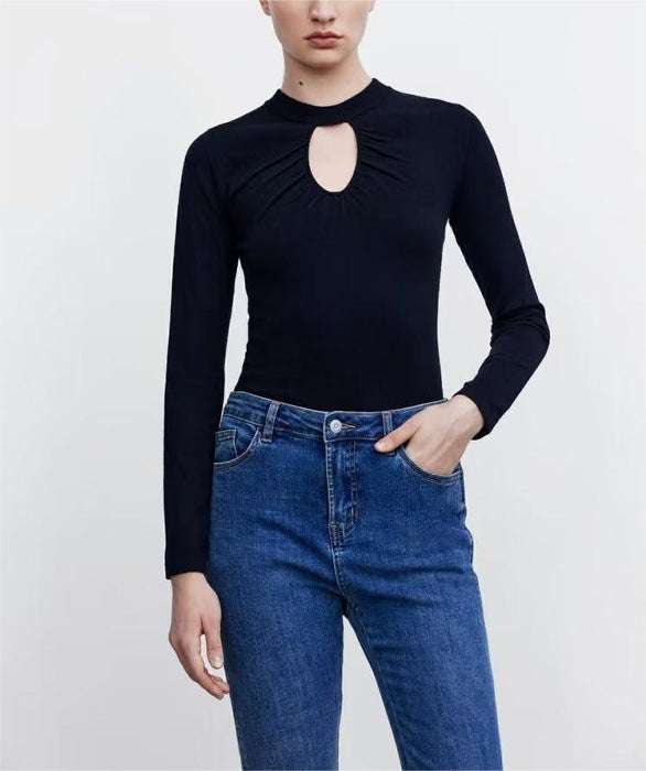 Autumn Winter Women Pierced Black Skinny Knit Bottoming Shirt Long Sleeve Pullover Sweater Top Women