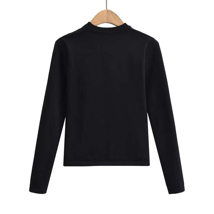 Autumn Winter Women Pierced Black Skinny Knit Bottoming Shirt Long Sleeve Pullover Sweater Top Women