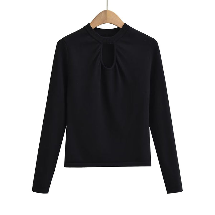 Autumn Winter Women Pierced Black Skinny Knit Bottoming Shirt Long Sleeve Pullover Sweater Top Women