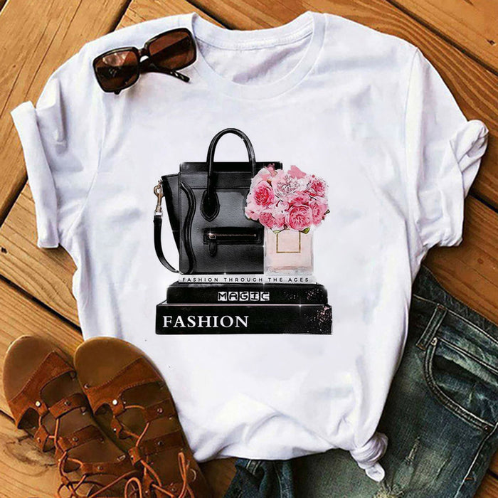 Women T shirt Spring Summer Women Clothing Top Print round Neck Top T-shirt