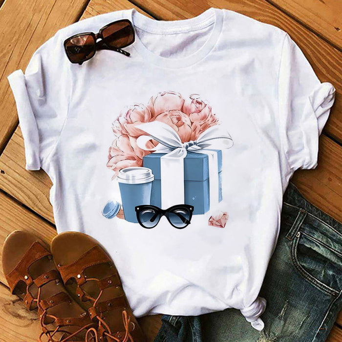 Women T shirt Spring Summer Women Clothing Top Print round Neck Top T-shirt