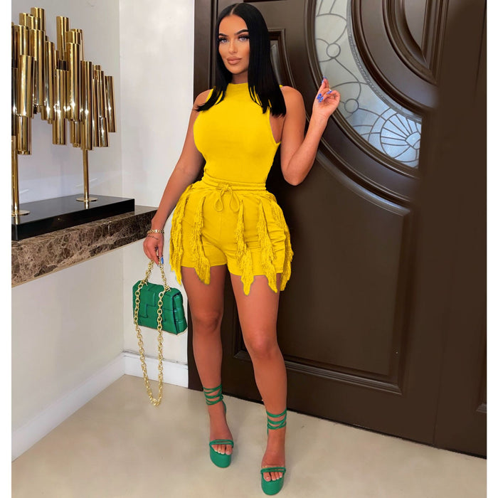 Women Clothing Suit Tassel Lace Sleeveless Shorts Jumpsuit Two Piece Set Solid Color