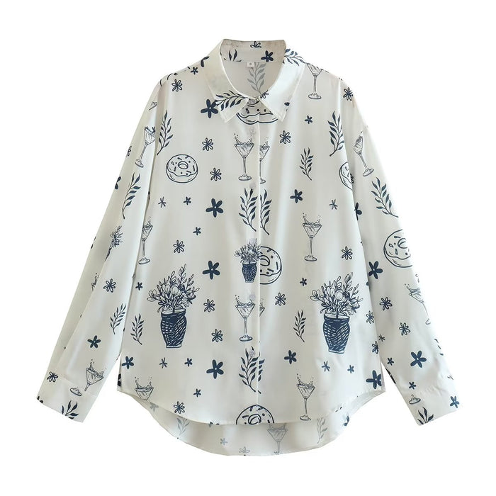 Summer Fashionable Printed Shirt Loose Lapels Single Breasted Long Sleeve Shirt Top