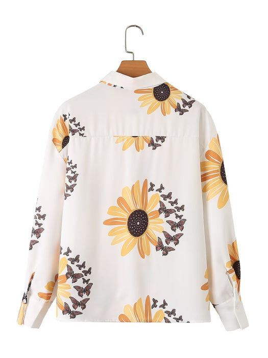 Spring Summer Casual Printed Women Loose Waist Long Sleeve Shirt