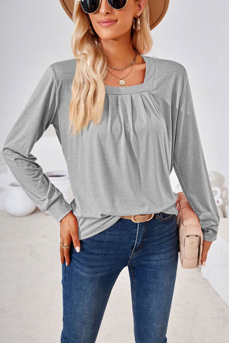 Autumn Winter Solid Color Square Collar Pleated Jacquard Long Sleeve Loose Fitting T shirt Top Women