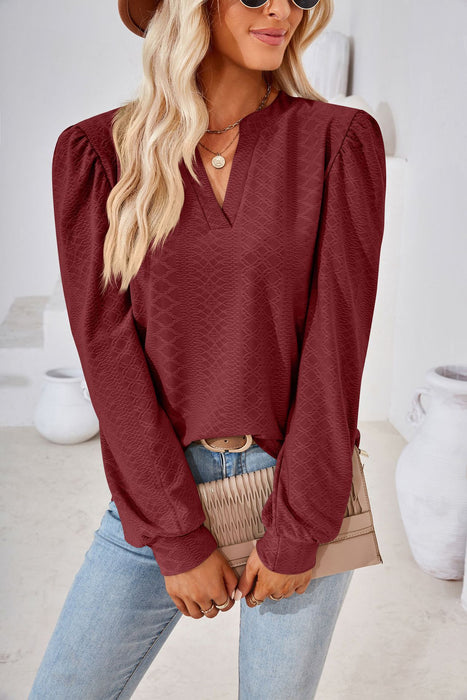 Autumn Winter Solid Color V neck Jacquard Long Sleeve Loose-Fitting T-shirt Top Ladies