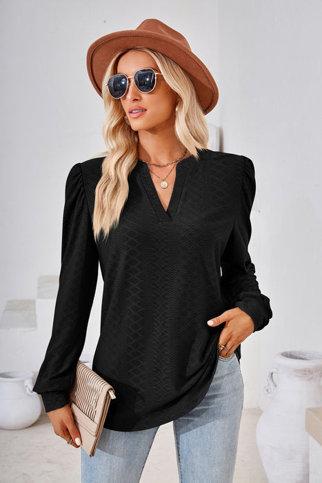 Autumn Winter Solid Color V neck Jacquard Long Sleeve Loose-Fitting T-shirt Top Ladies