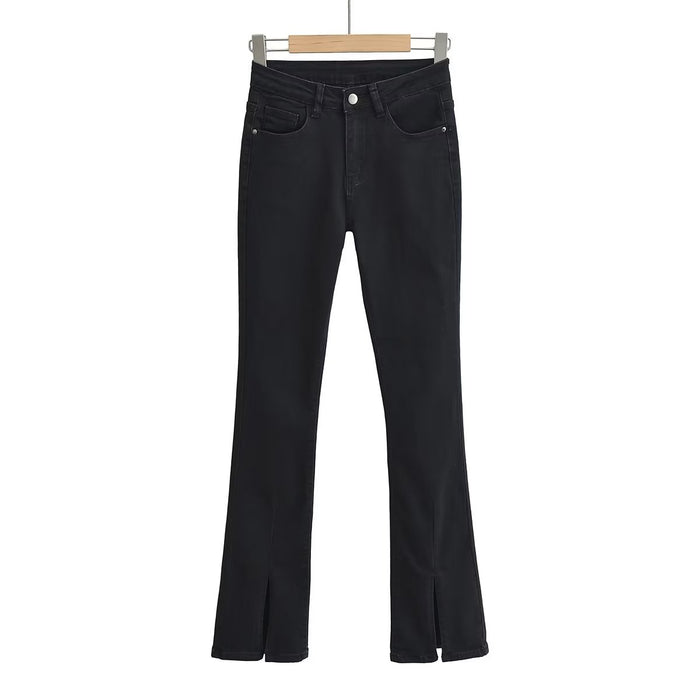 Spring Elegant Black Slit Pants Retro High Waist Slimming Skinny Jeans Women