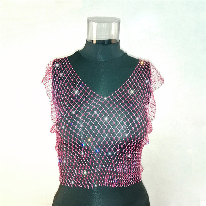 Mesh Diamond Vest Sexy Hollow Out Cutout Nightclub Disco Women Top