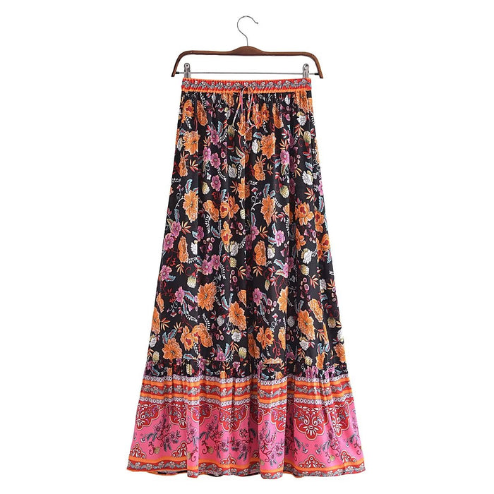 Ethnic Positioning Floral Lace-up Tassel Skirt Women Summer High Waist A line Skirt