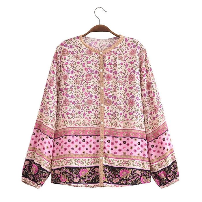 Watermark Positioning Flower Collarless Long Sleeved Shirt