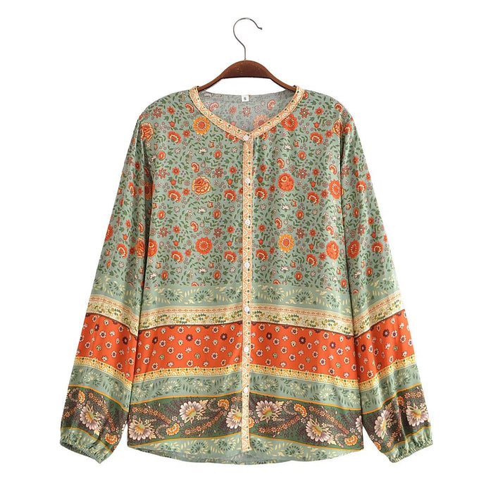 Watermark Positioning Flower Collarless Long Sleeved Shirt