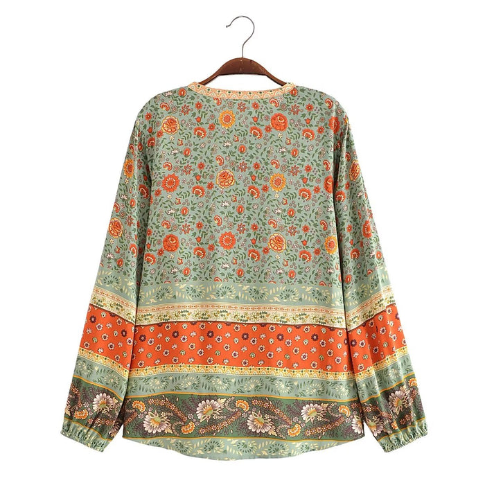 Watermark Positioning Flower Collarless Long Sleeved Shirt