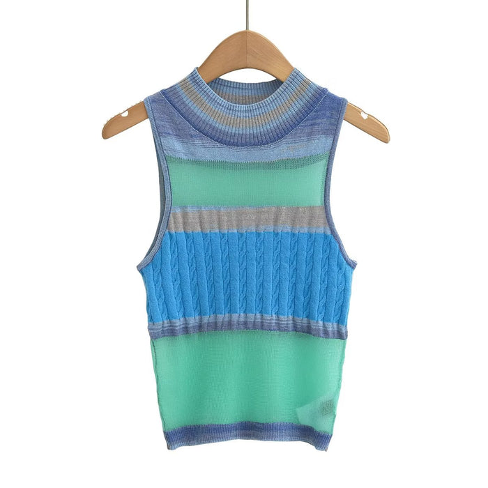 Fall Women Clothing Minority Artistic Lazy Turtleneck Contrast Color Knitted Vest