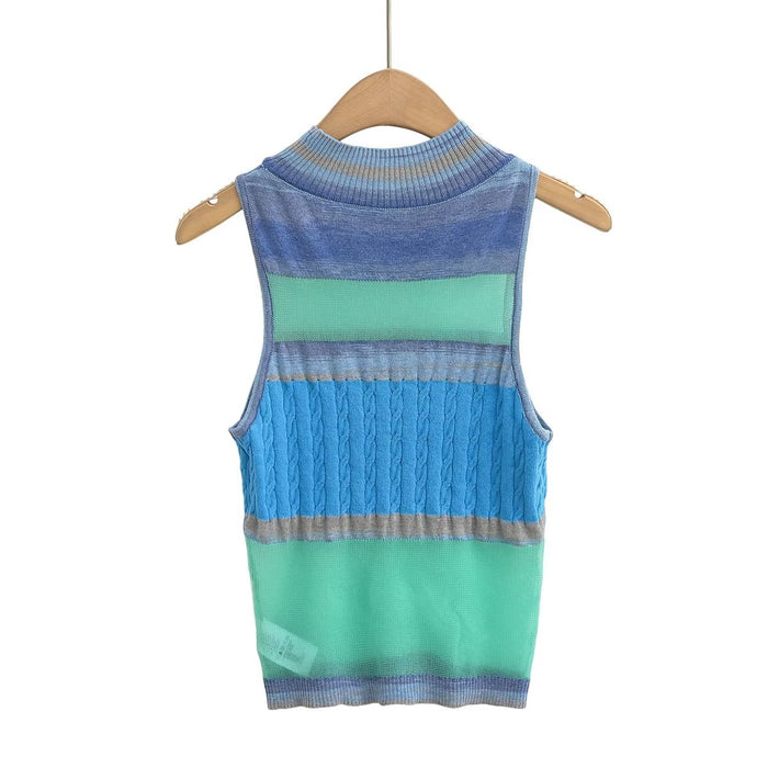 Fall Women Clothing Minority Artistic Lazy Turtleneck Contrast Color Knitted Vest