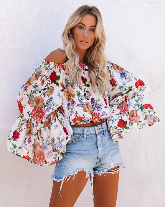 Women Spring and Summer New Printed Shoulder Trumpet Sleeve High Waist All match Top