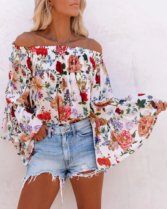 Women Spring and Summer New Printed Shoulder Trumpet Sleeve High Waist All match Top