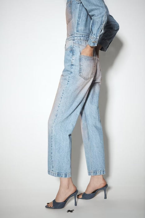 Women Clothing French Pan Pink Washed Denim Jumpsuit