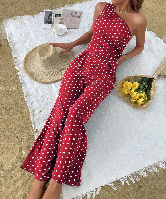 Summer Polka Dot Bootcut Pants One Shoulder Wide Leg Jumpsuit