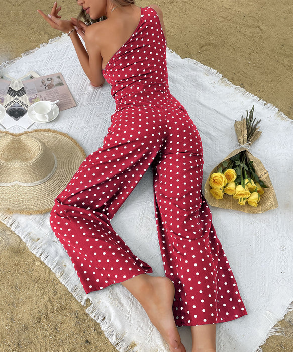 Summer Polka Dot Bootcut Pants One Shoulder Wide Leg Jumpsuit