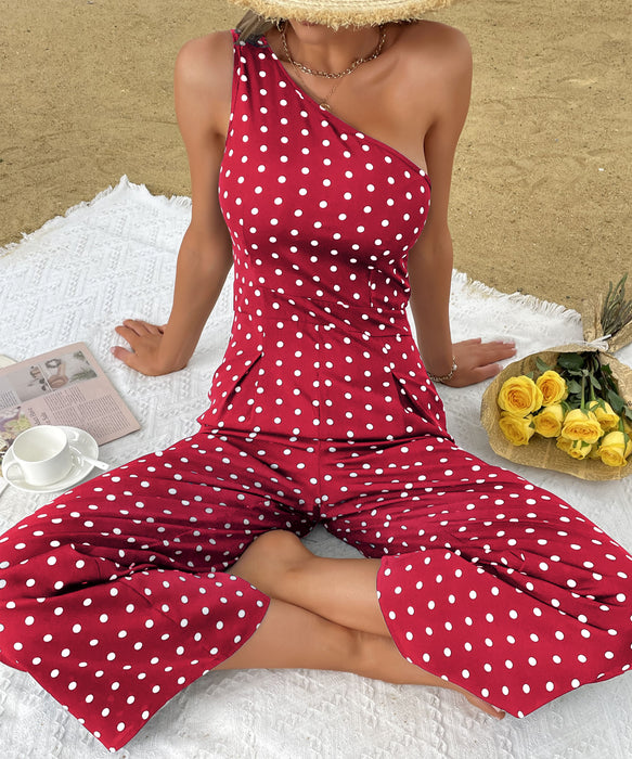 Summer Polka Dot Bootcut Pants One Shoulder Wide Leg Jumpsuit