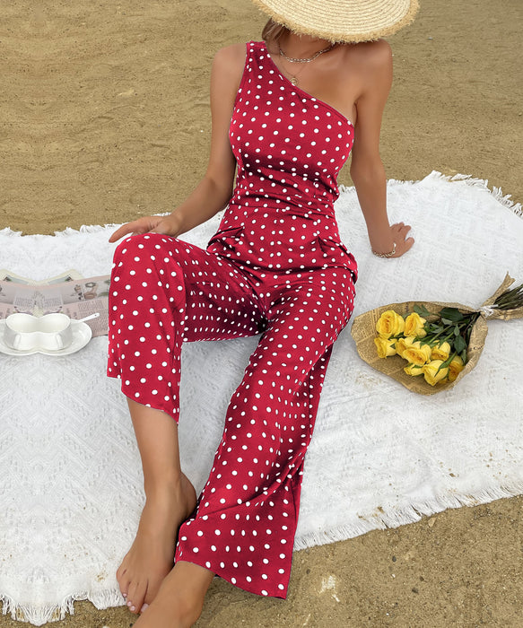 Summer Polka Dot Bootcut Pants One Shoulder Wide Leg Jumpsuit