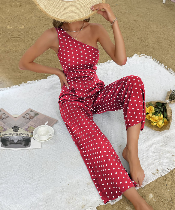 Summer Polka Dot Bootcut Pants One Shoulder Wide Leg Jumpsuit