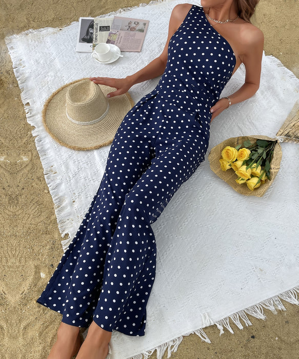 Summer Polka Dot Bootcut Pants One Shoulder Wide Leg Jumpsuit