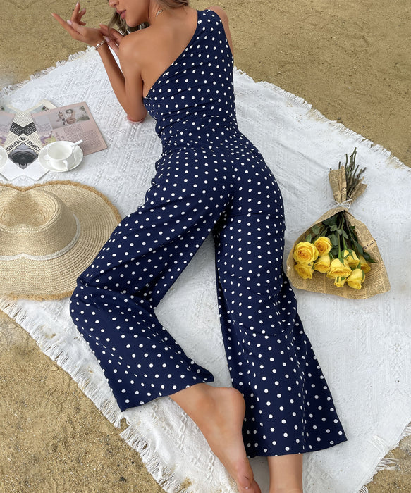 Summer Polka Dot Bootcut Pants One Shoulder Wide Leg Jumpsuit