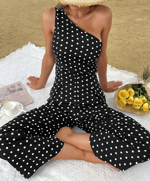 Summer Polka Dot Bootcut Pants One Shoulder Wide Leg Jumpsuit