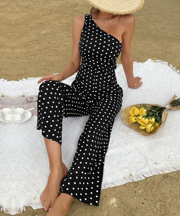 Summer Polka Dot Bootcut Pants One Shoulder Wide Leg Jumpsuit