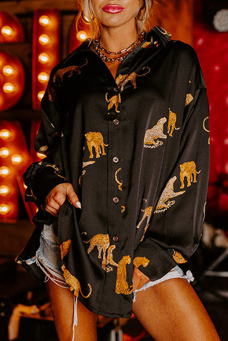 Autumn Solid Color Satin Long Sleeve Cardigan Women Thin Personalized Animal Print Shirt Women Clothing