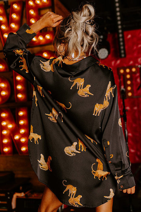 Autumn Solid Color Satin Long Sleeve Cardigan Women Thin Personalized Animal Print Shirt Women Clothing