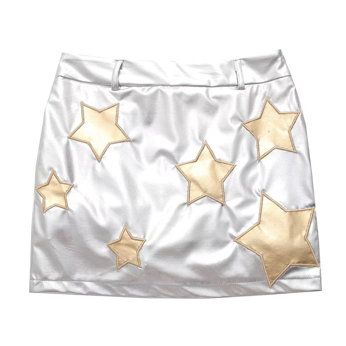 【MOQ-5 packs】 Metallic Coated Fabric Five Pointed Star Decorative Design Skirt Elegant Faux Leather High Waist Skirt Fresh Western A Line Skirt Women