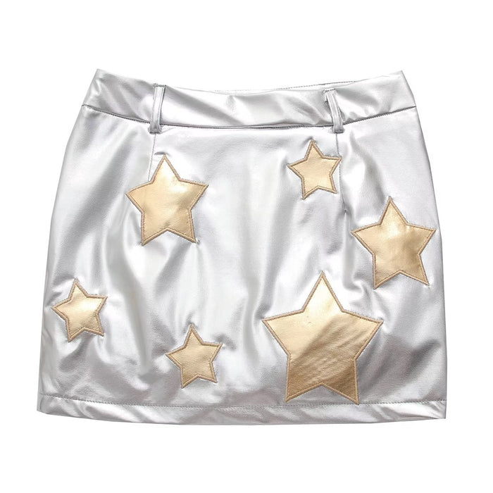 【MOQ-5 packs】 Metallic Coated Fabric Five Pointed Star Decorative Design Skirt Elegant Faux Leather High Waist Skirt Fresh Western A Line Skirt Women