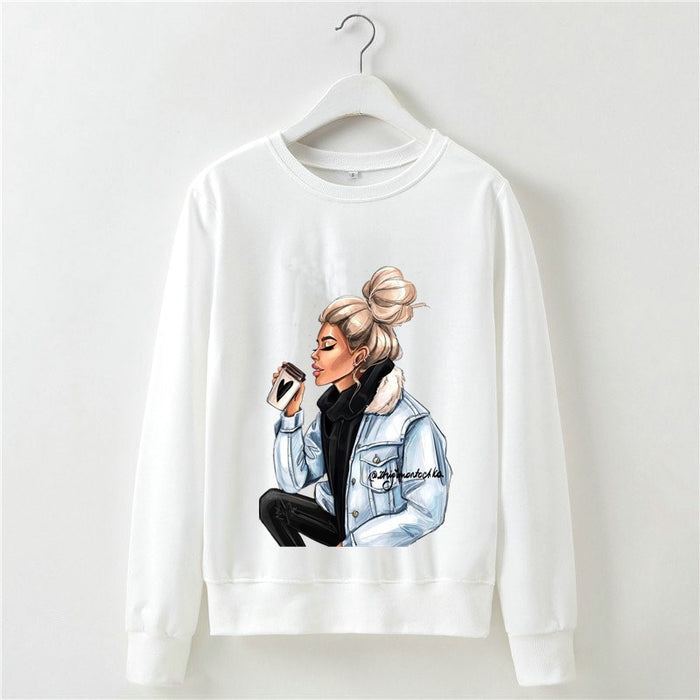 Women Clothing Autumn Winter Top Character Floral Print Long Sleeve Pullover Set