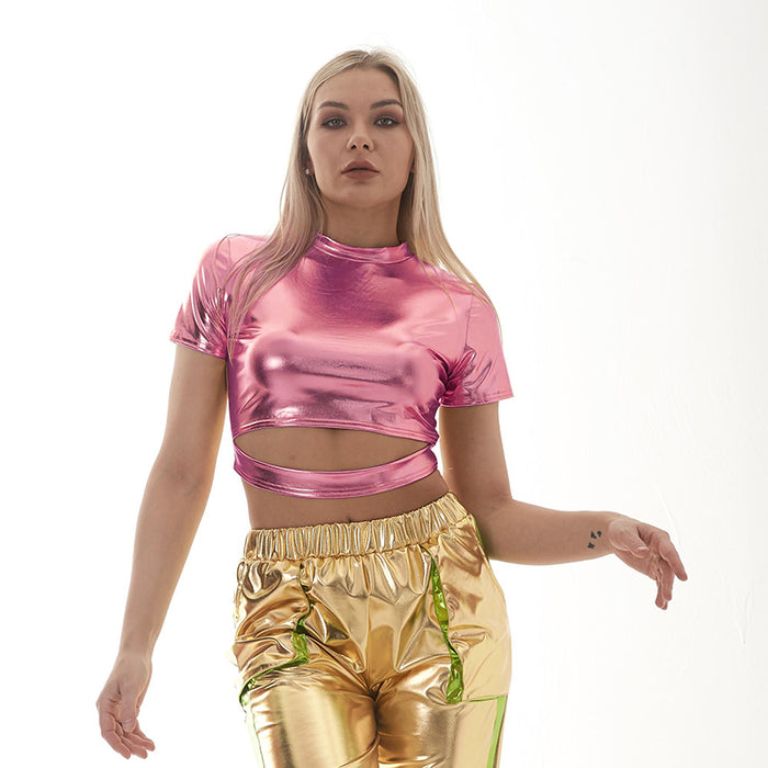 Metallic Coated Fabric Solid Color Shiny Patent Leather Glue Coated Stage Wear Small Turtleneck Performance Wear Short Sleeve Bare Cropped Women