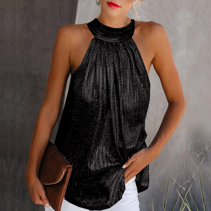 Double Silver Halter Zipper Sleeveless T shirt Casual Top