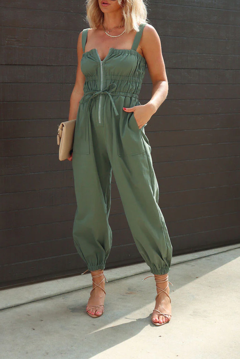 Ladies Spring Summer Jumpsuit Washed Cotton Casual Double Pocket Sling Waist Tight Ankle Tied Trousers