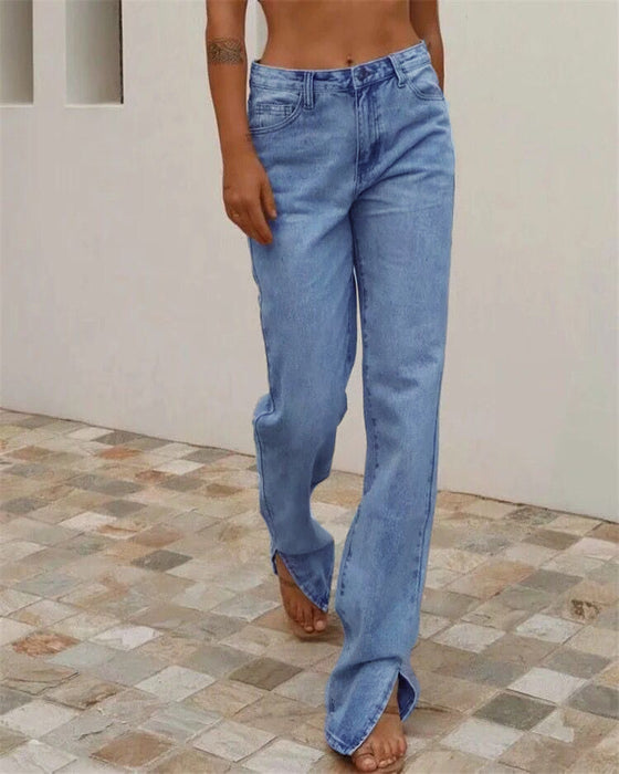 Women Clothing High Waist Look Taller Thin Straight-Leg Denim Trousers Hem Slit Draping Mopping Pants Bootleg Pants