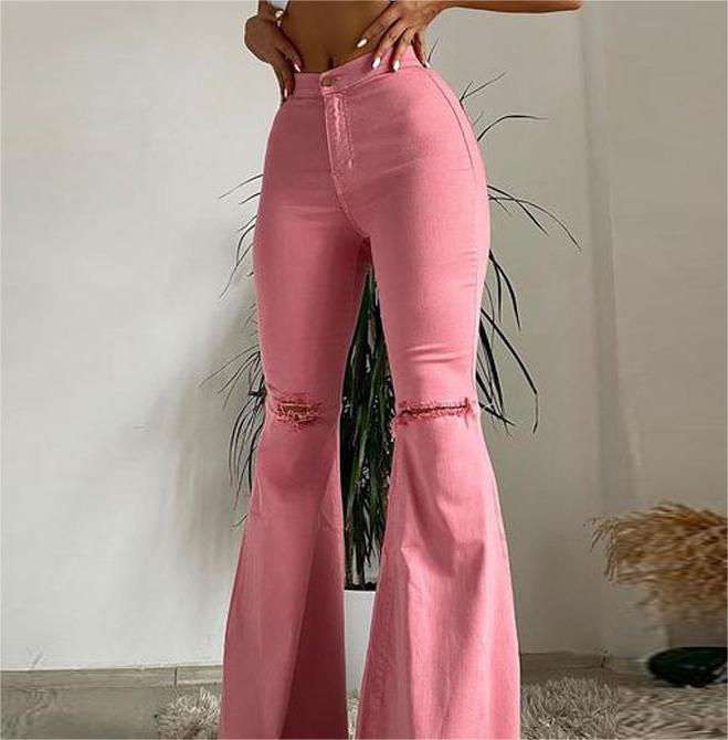 Women Jeans Mid Waist Ripped Washed Wide Leg Flared Jeans Women