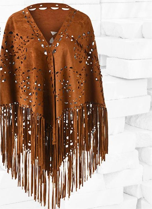 Autumn Winter Warm Shawl Personalized Suede Cloak Robe Hollow Out Cutout Tassel Scarf Women Gift High Sense