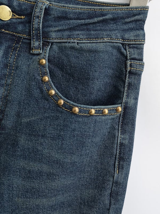 Women Fall Slim Fit Rivet Washed Blue High Waist Slim Fit Blue Jeans