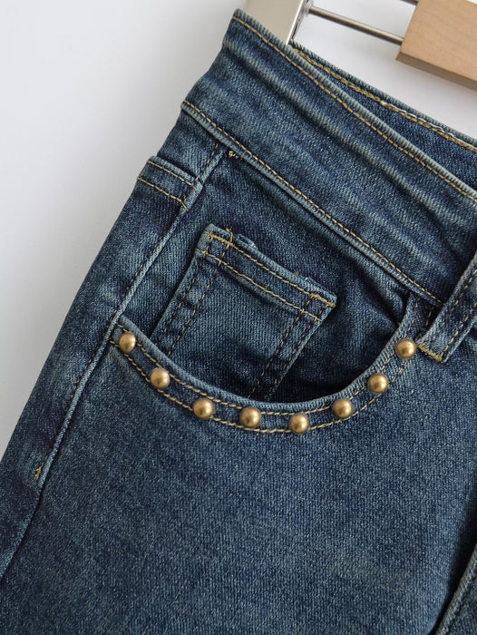 Women Fall Slim Fit Rivet Washed Blue High Waist Slim Fit Blue Jeans